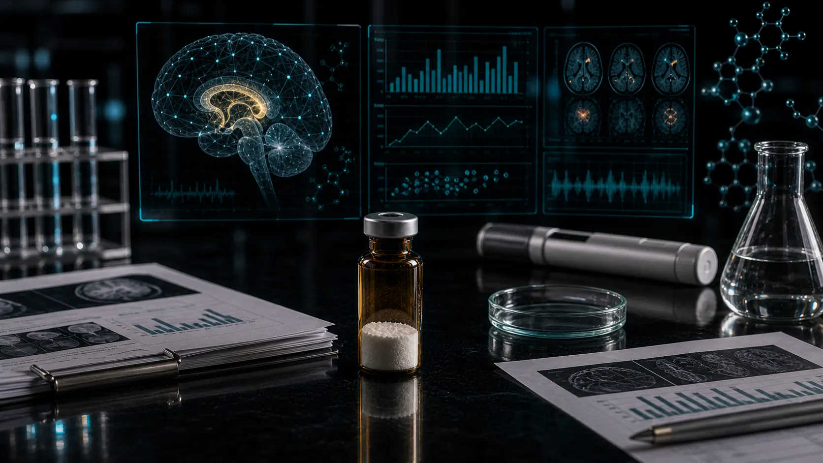 A dark scientific desk with an unlabeled peptide vial, brain imaging dashboards, clinical papers, and teal molecular overlays.