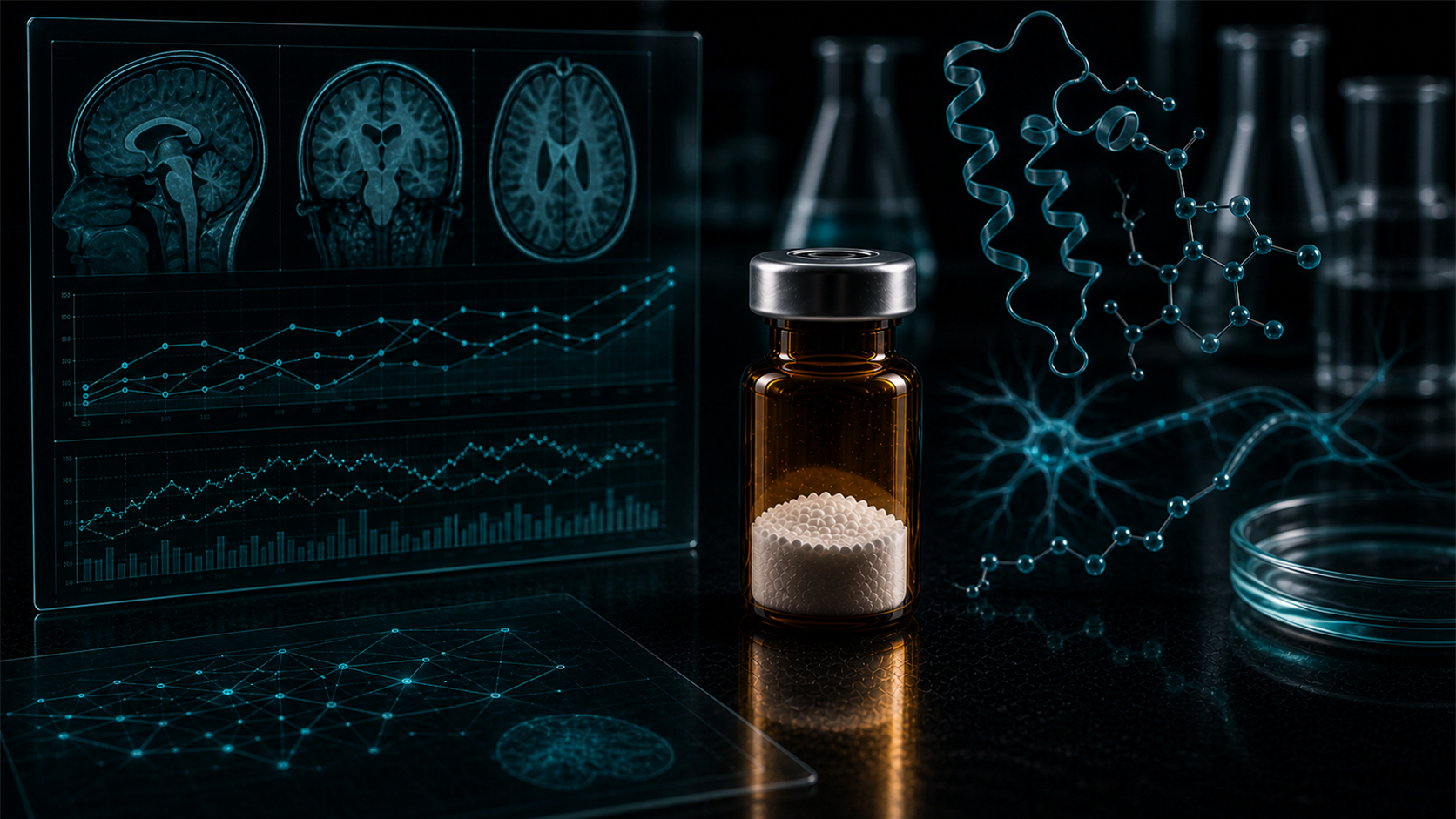 A dark scientific desk with an unlabeled peptide vial, brain-scan panels, neurotrophin pathway overlays, and molecular visuals.