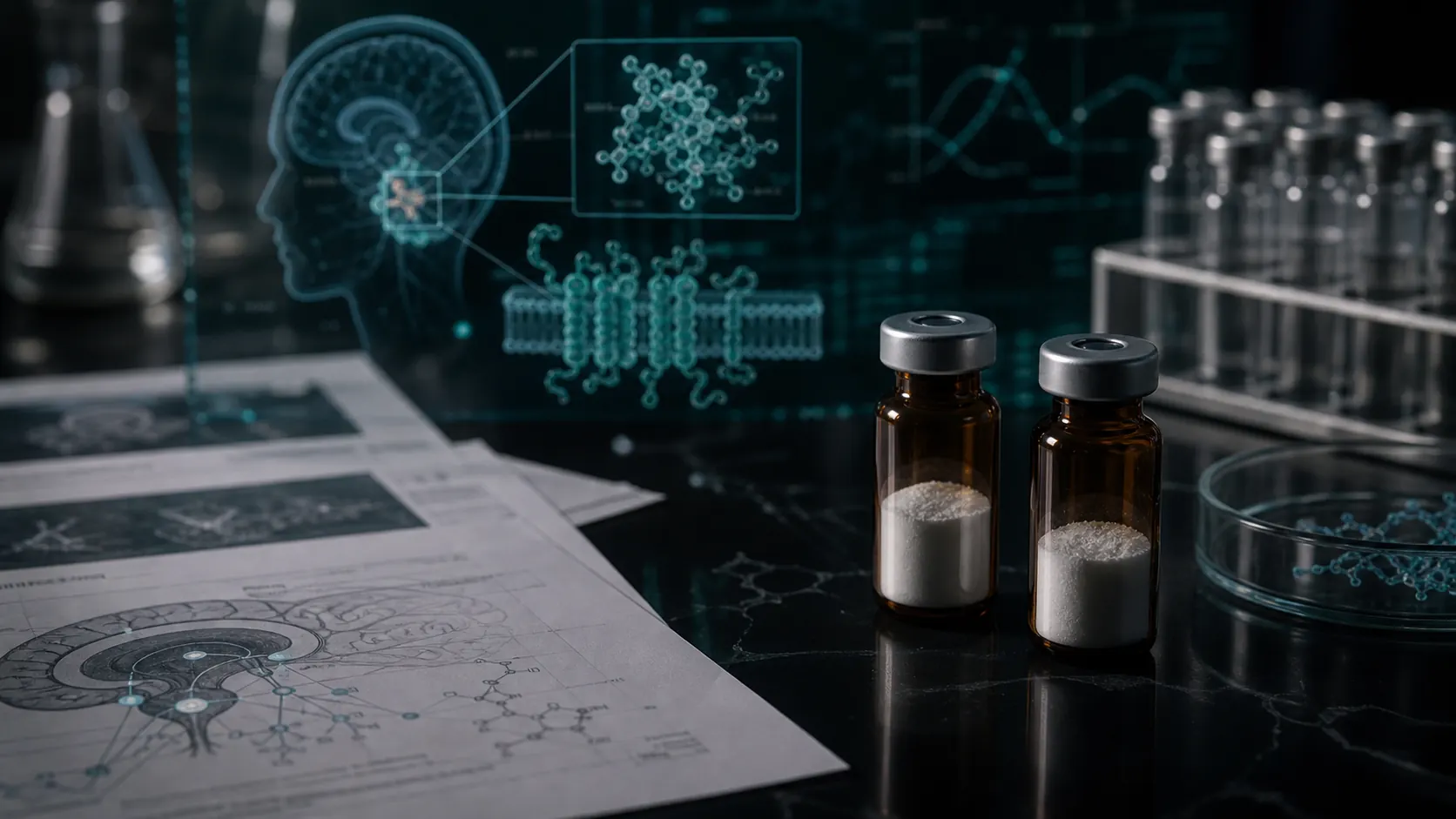 A dark scientific desk with unlabeled peptide vials, genetic obesity dashboards, clinical papers, and teal molecular overlays.