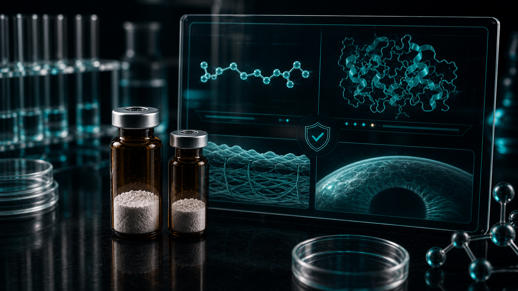 A dark scientific desk with two unlabeled peptide vials, thymosin beta-4 structure visuals, tissue panels, and teal clinical overlays.