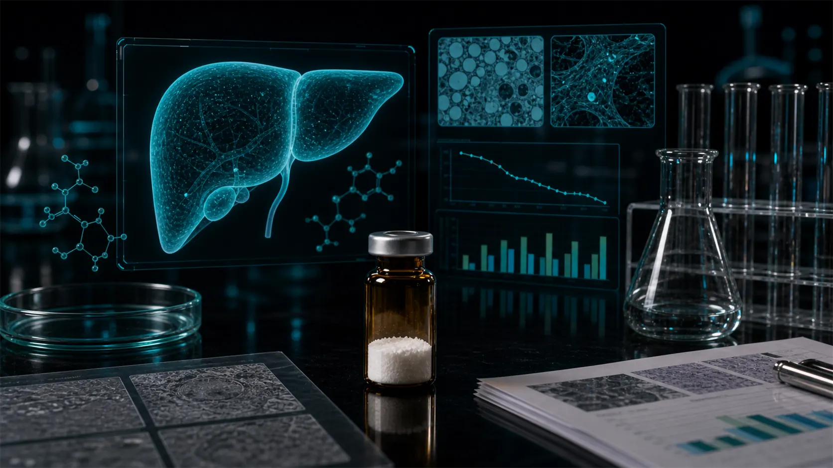 A dark scientific desk with an unlabeled peptide vial, liver monitoring dashboards, clinical papers, and teal molecular overlays.