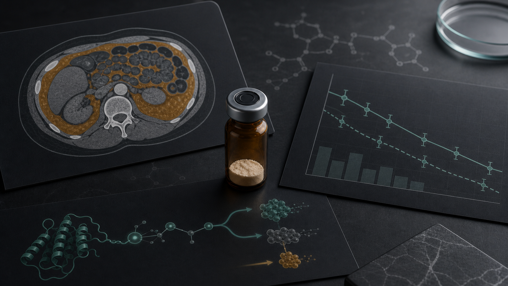A dark scientific desk with an unlabeled vial, abdominal imaging graphic, molecular pathway visuals, and clinical evidence chart.