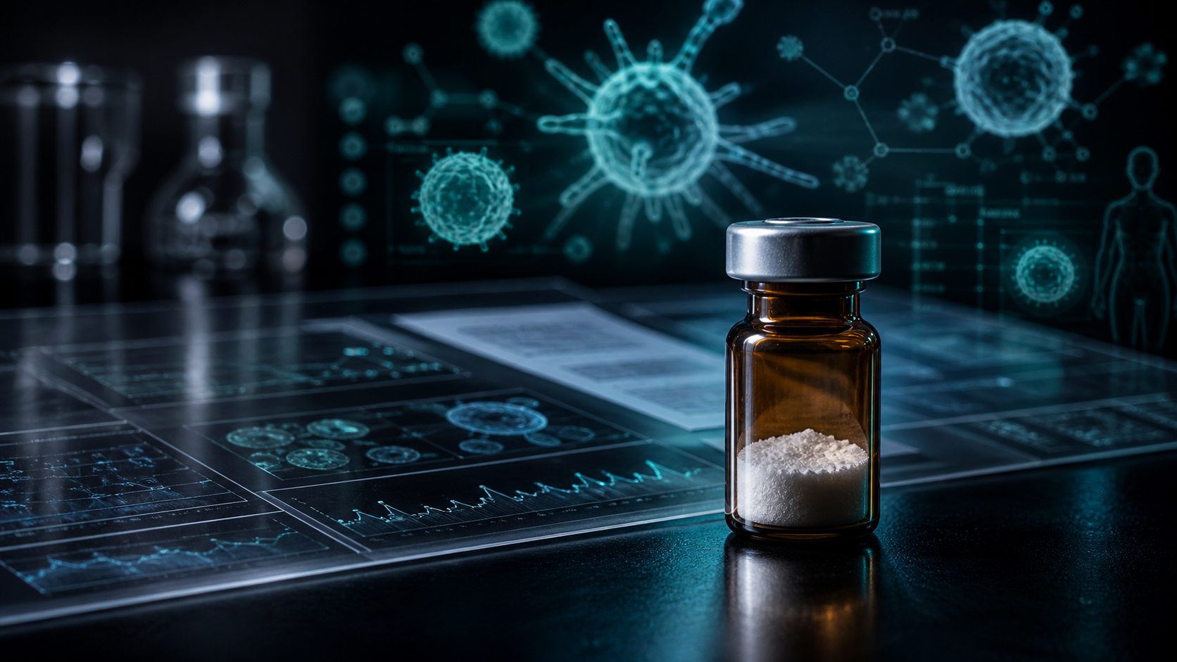 A dark scientific desk with an unlabeled amber vial, immune-cell visuals, and abstract clinical research charts.