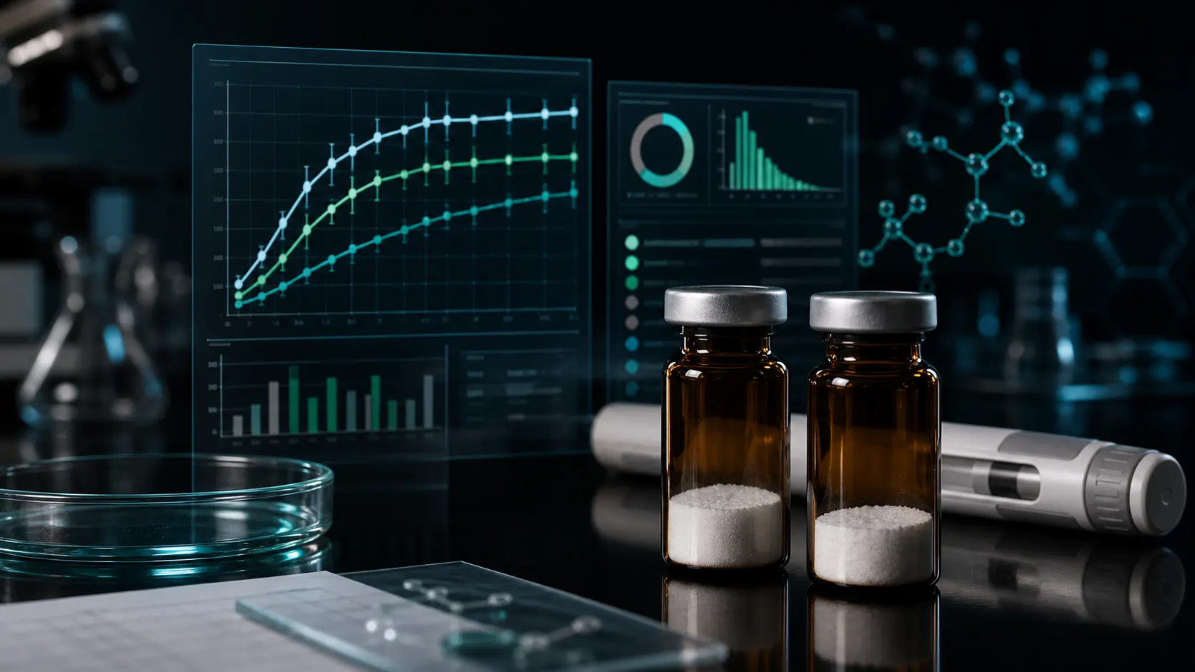 A dark scientific desk with an unlabeled peptide vial, neutral dose-escalation charts, clinical trial dashboards, and teal molecular overlays.