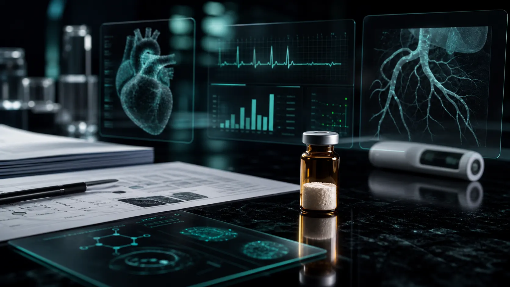 A dark scientific desk with an unlabeled peptide vial, cardiovascular outcome dashboards, clinical papers, and teal molecular overlays.