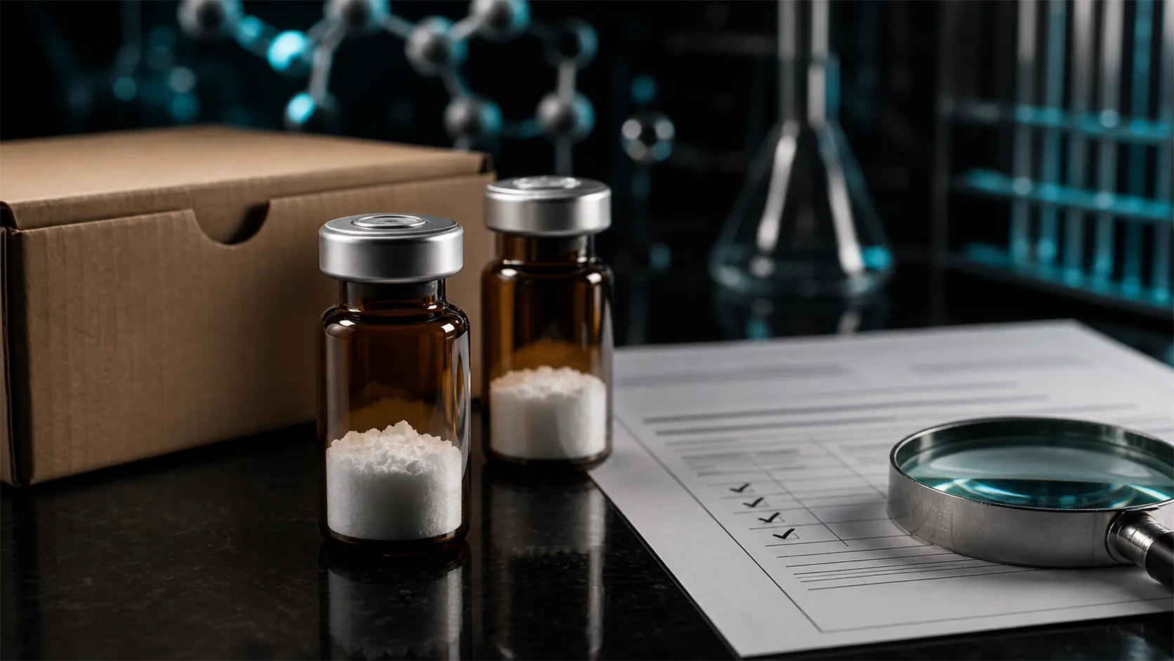Unlabeled BPC-157 research vials beside a shipping box, batch document, and magnifying glass on a dark laboratory desk.