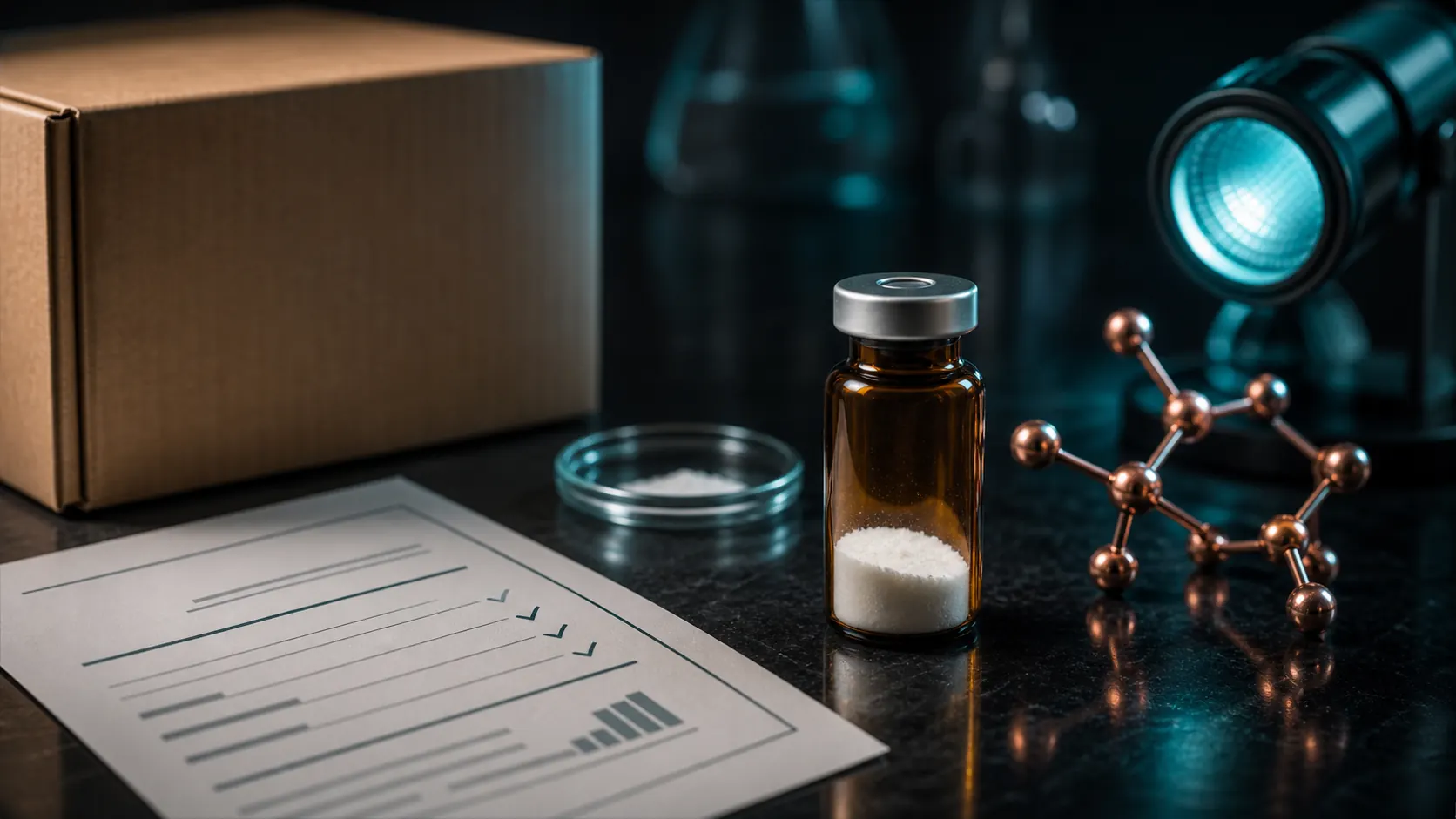 An unlabeled GHK-Cu research vial with a batch document, shipping box, copper molecular model, and teal inspection light.