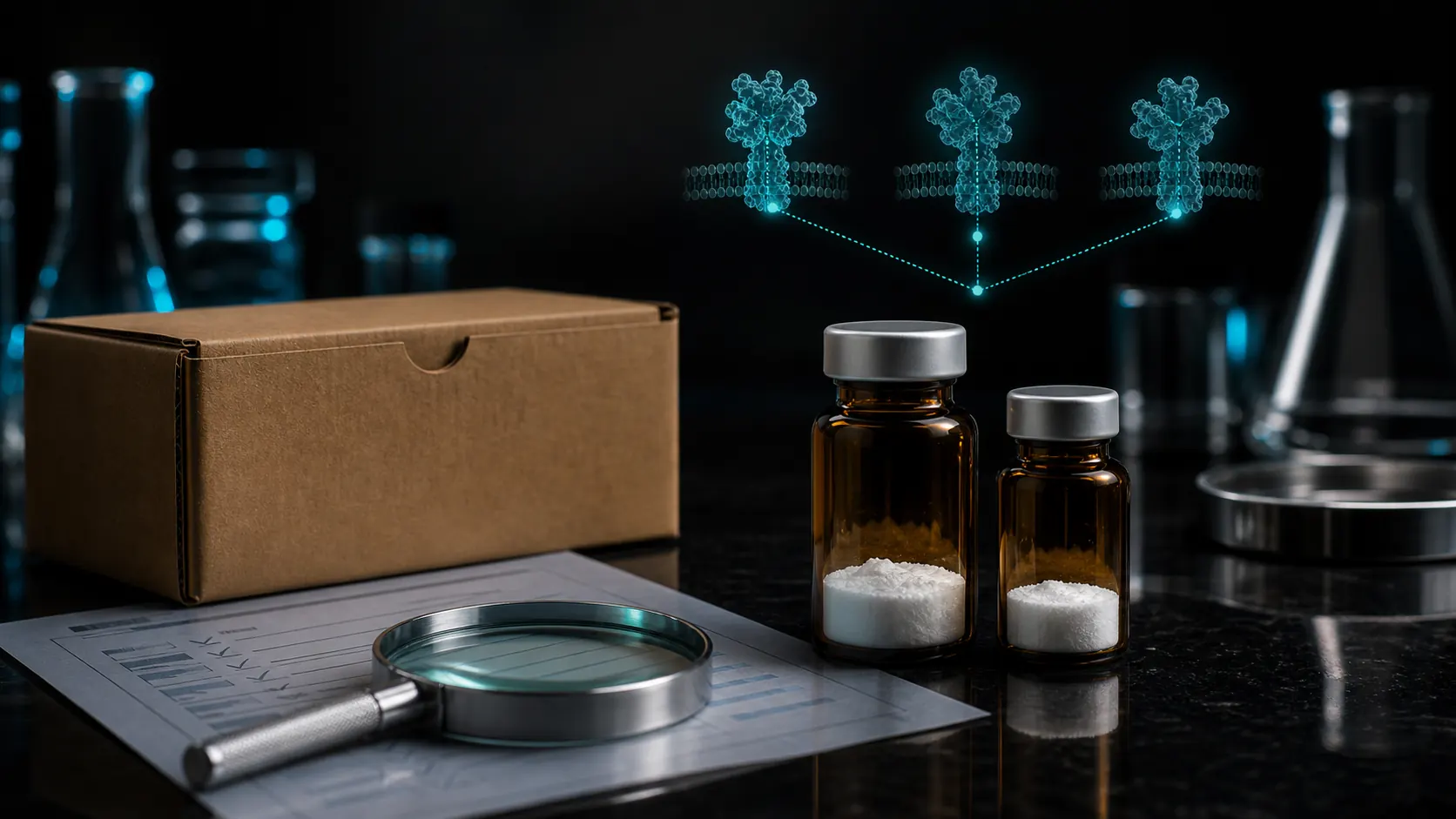 Two unlabeled retatrutide research vials beside a shipping box, batch sheet, magnifying glass, and three-pathway molecular overlay.