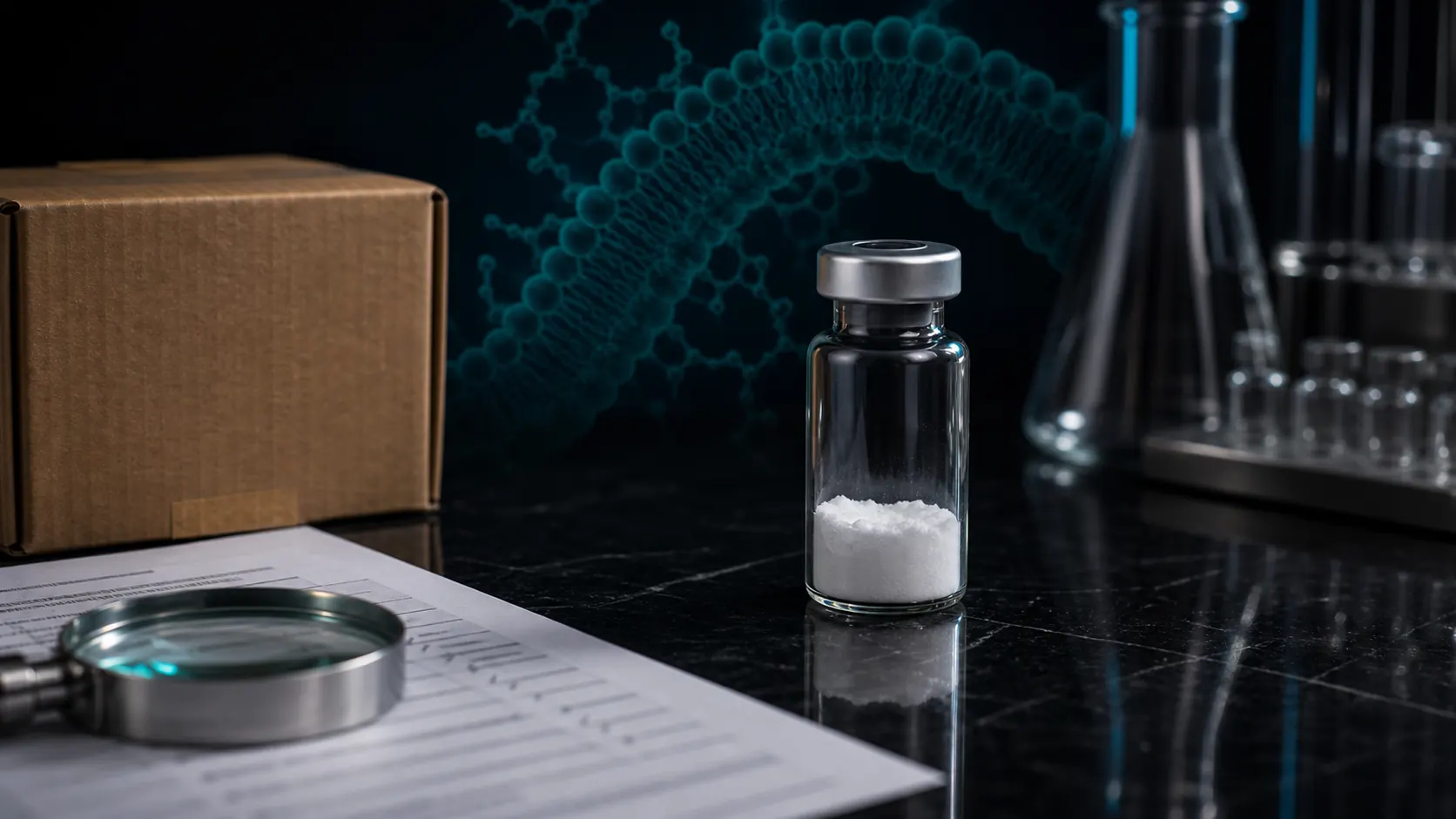 An unlabeled SS-31 research vial beside a shipping box, batch sheet, magnifying glass, and teal mitochondrial membrane overlay.