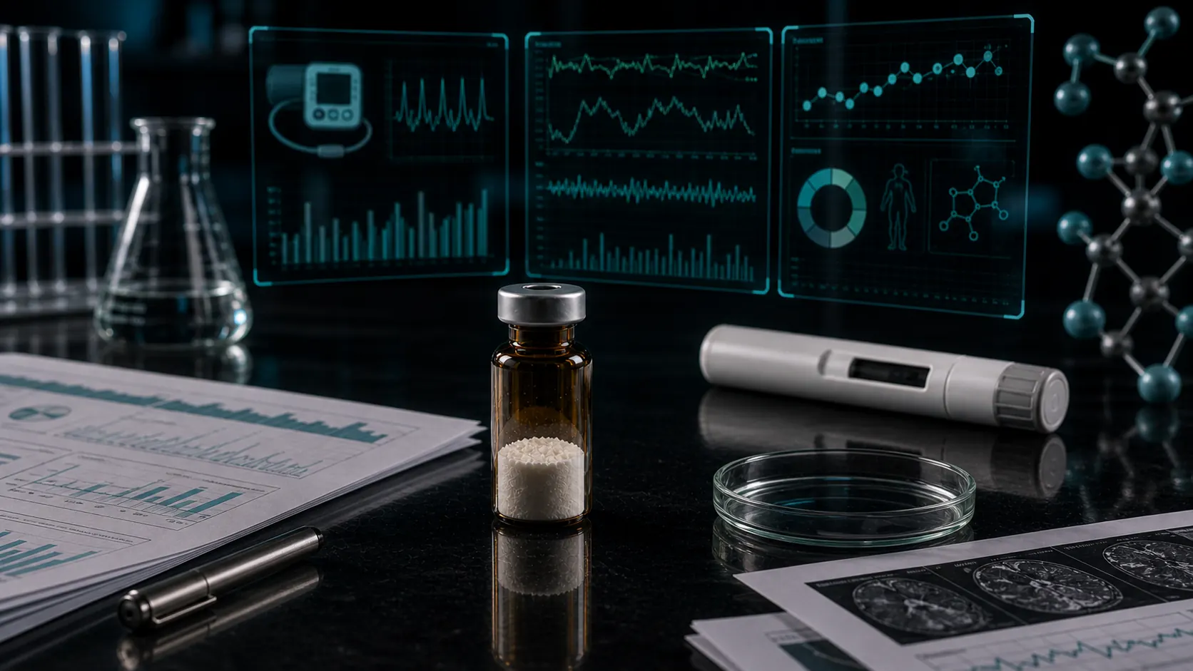 A dark scientific desk with an unlabeled peptide vial, neutral injector device, blood-pressure dashboards, papers, and teal molecular overlays.