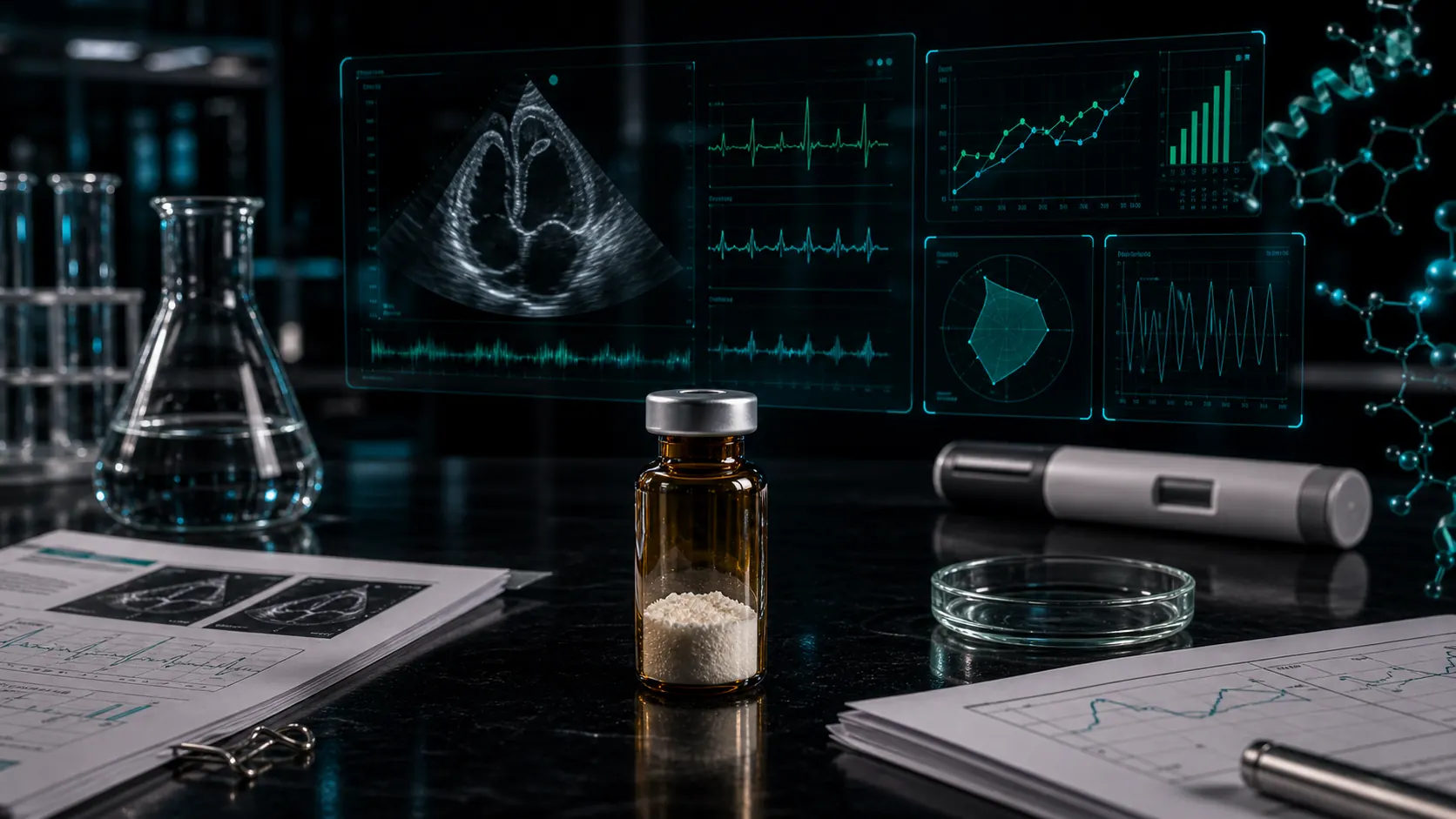 A dark scientific desk with an unlabeled peptide vial, neutral injector device, cardiac ultrasound-style panels, and teal molecular overlays.