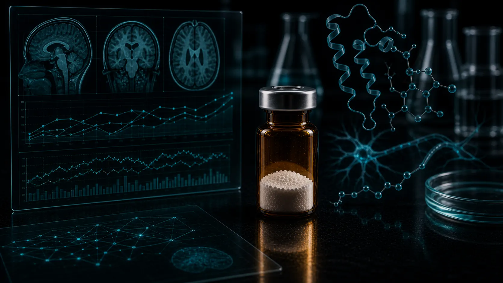 A dark scientific desk with an unlabeled peptide vial, neurologic monitoring dashboards, clinical papers, and teal molecular overlays.